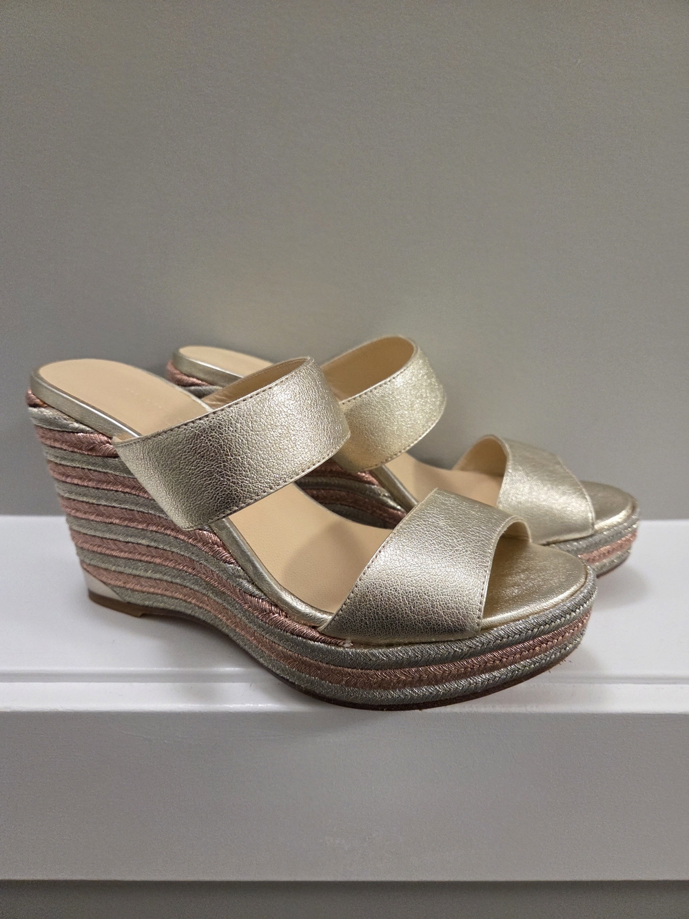 Jimmy Choo Parker Gold Metallic Wedge Sandals - Size 37